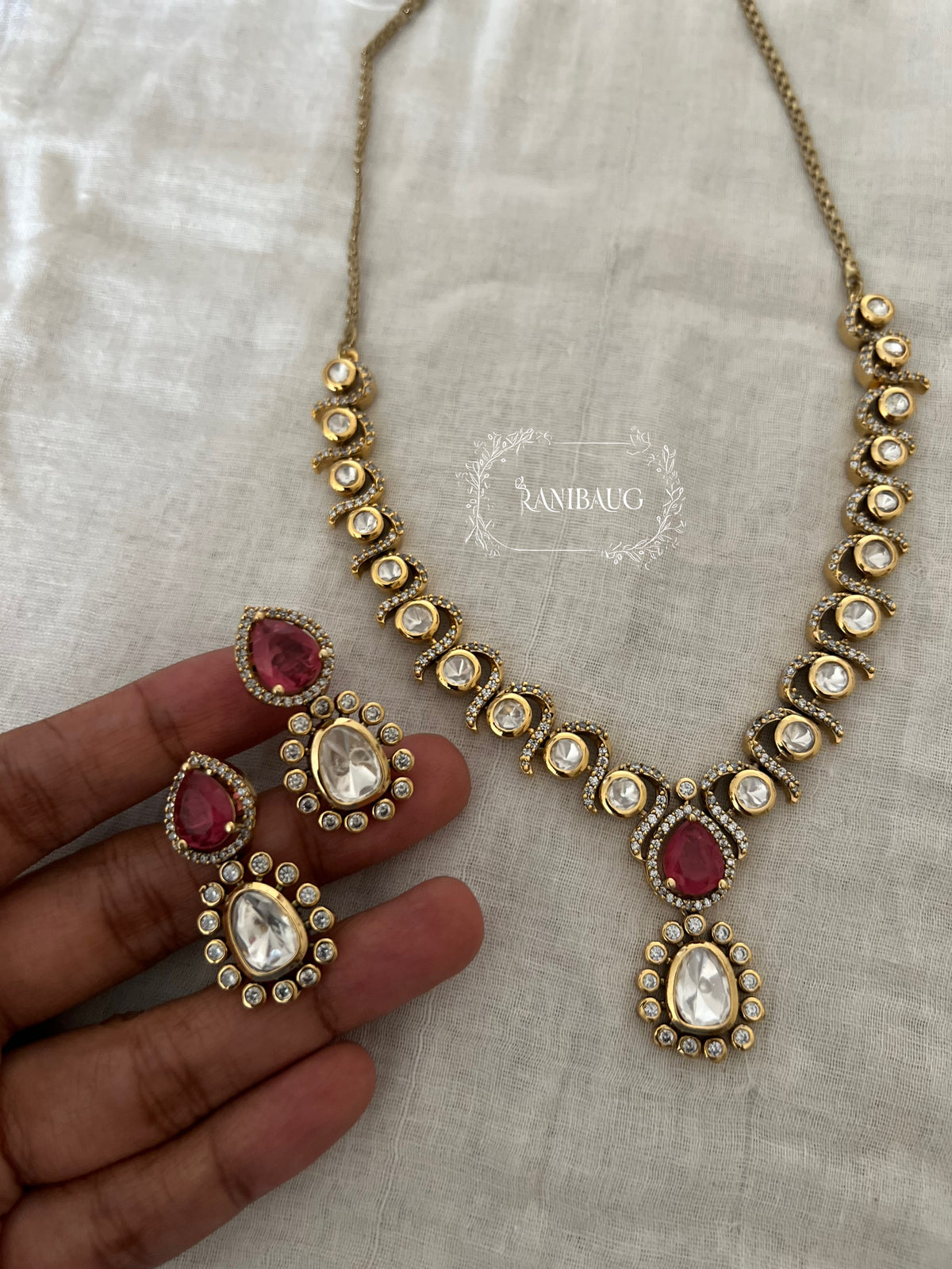 Harshada Teardrop Polki Adorned Multi Color Festive Jewellery Set By Ranibaug