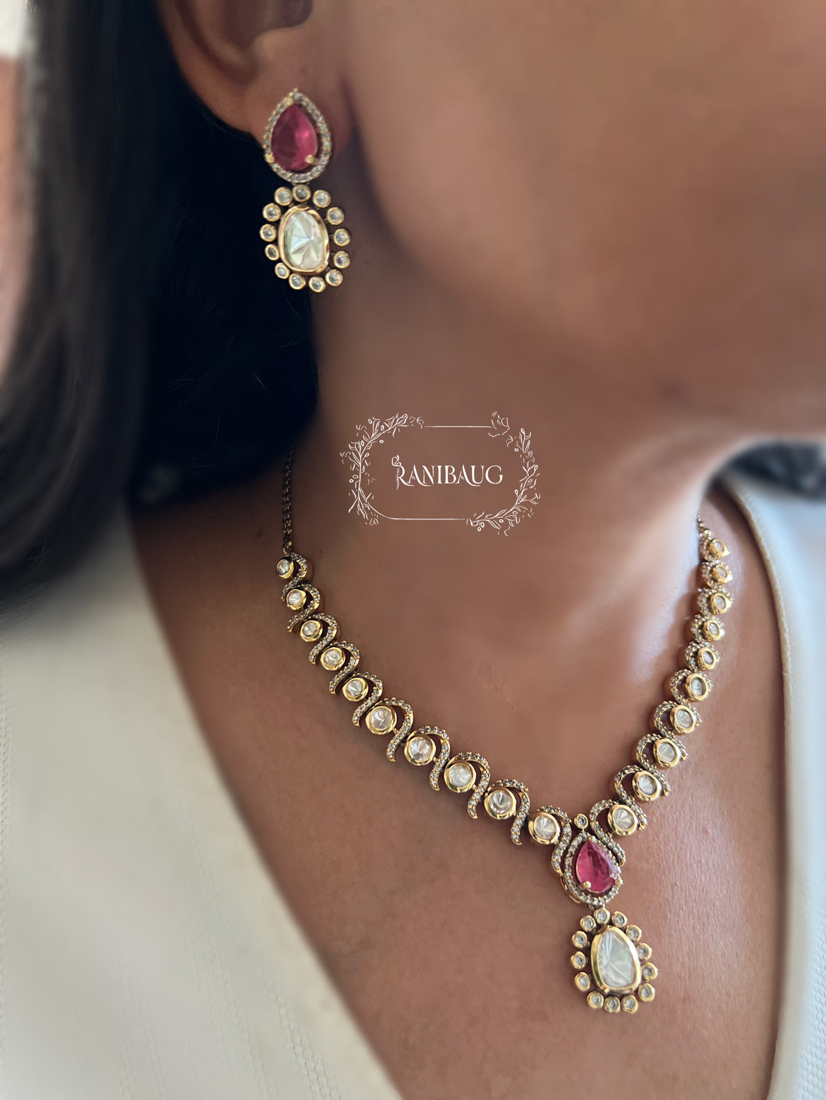 Harshada Teardrop Polki Adorned Multi Color Festive Jewellery Set By Ranibaug