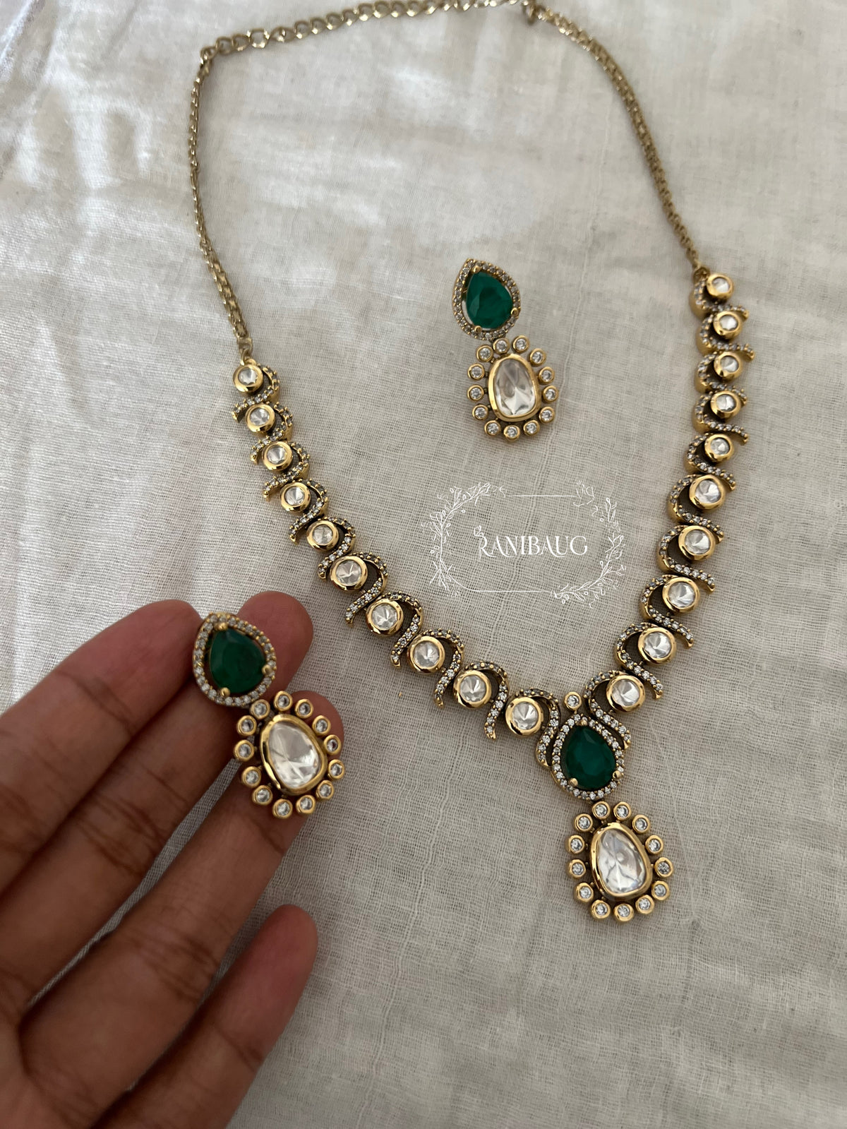 Harshada Teardrop Polki Adorned Multi Color Festive Jewellery Set By Ranibaug