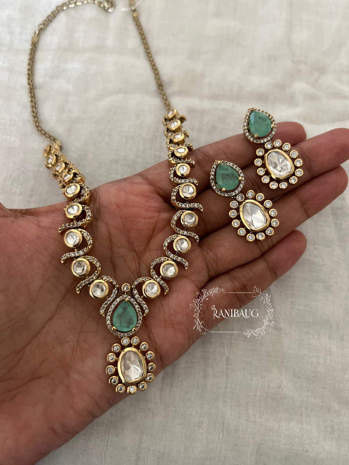 Harshada Teardrop Polki Adorned Multi Color Festive Jewellery Set By Ranibaug