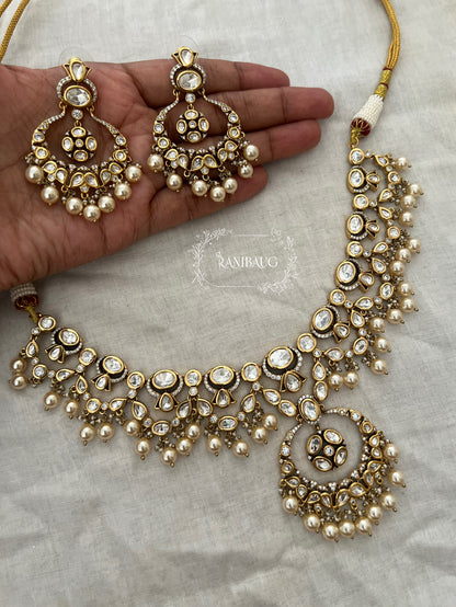 Harshani Polki Kundan Gold Finish Designer Necklace Set By Ranibaug