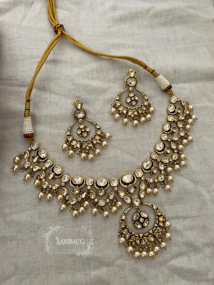 Harshani Polki Kundan Gold Finish Designer Necklace Set By Ranibaug