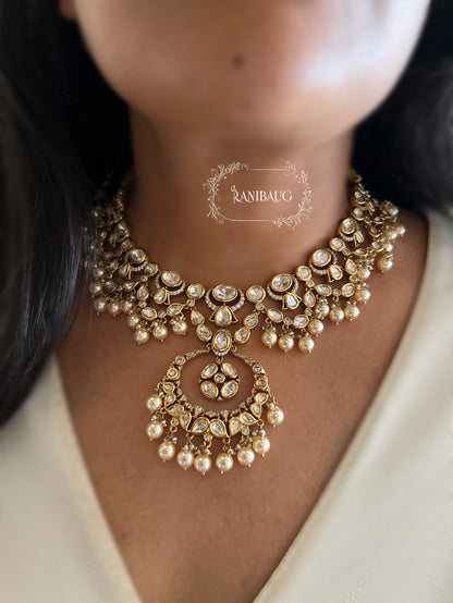 Harshani Polki Kundan Gold Finish Designer Necklace Set By Ranibaug