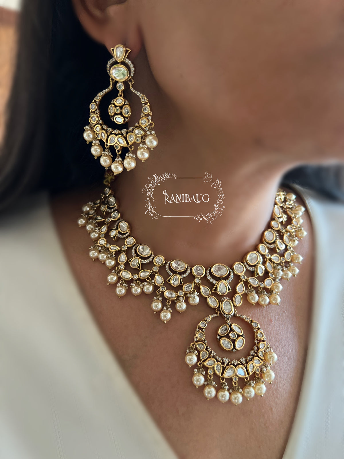 Harshani Polki Kundan Gold Finish Designer Necklace Set By Ranibaug