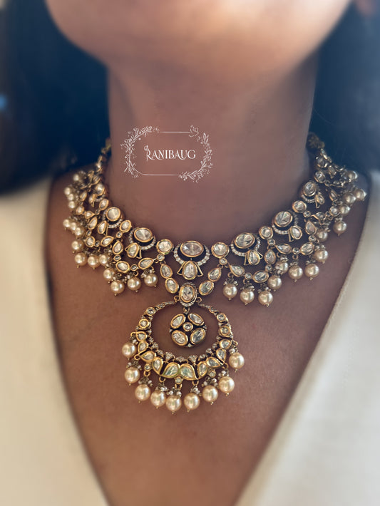 Harshani Polki Kundan Gold Finish Designer Necklace Set By Ranibaug