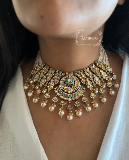 Harshi Pearl Mesh Polki Choker | Wide Collar With Greenish Blue Enamel Accents Jewelry Set With Maang Tikka By Ranibaug