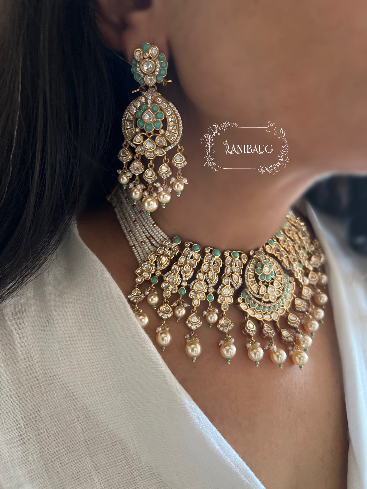 Harshi Pearl Mesh Polki Choker | Wide Collar With Greenish Blue Enamel Accents Jewelry Set With Maang Tikka By Ranibaug