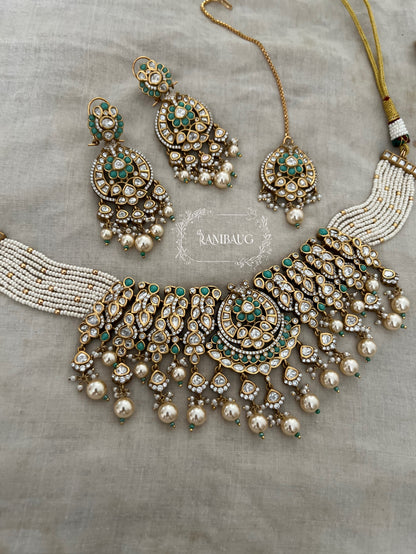 Harshi Pearl Mesh Polki Choker | Wide Collar With Greenish Blue Enamel Accents Jewelry Set With Maang Tikka By Ranibaug