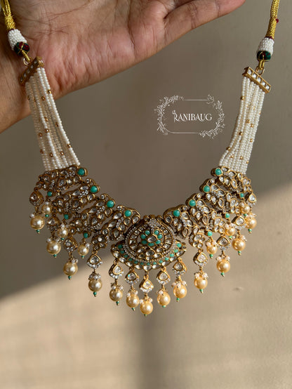 Harshi Pearl Mesh Polki Choker | Wide Collar With Greenish Blue Enamel Accents Jewelry Set With Maang Tikka By Ranibaug