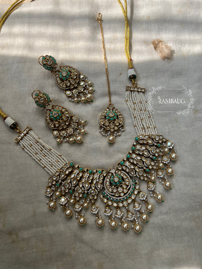 Harshi Pearl Mesh Polki Choker | Wide Collar With Greenish Blue Enamel Accents Jewelry Set With Maang Tikka By Ranibaug
