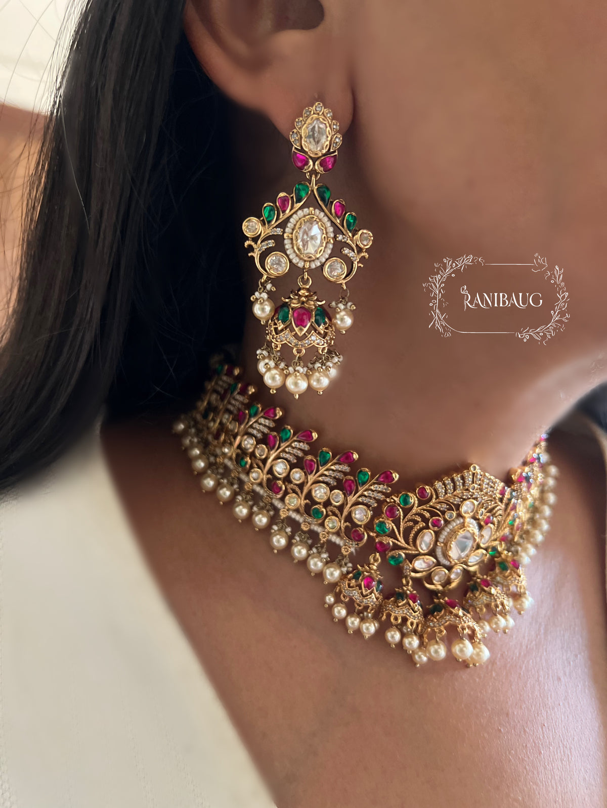 Harshita Kundan Beaded Pearl Adorned Traditional Indian Festive Jewellery By Ranibaug