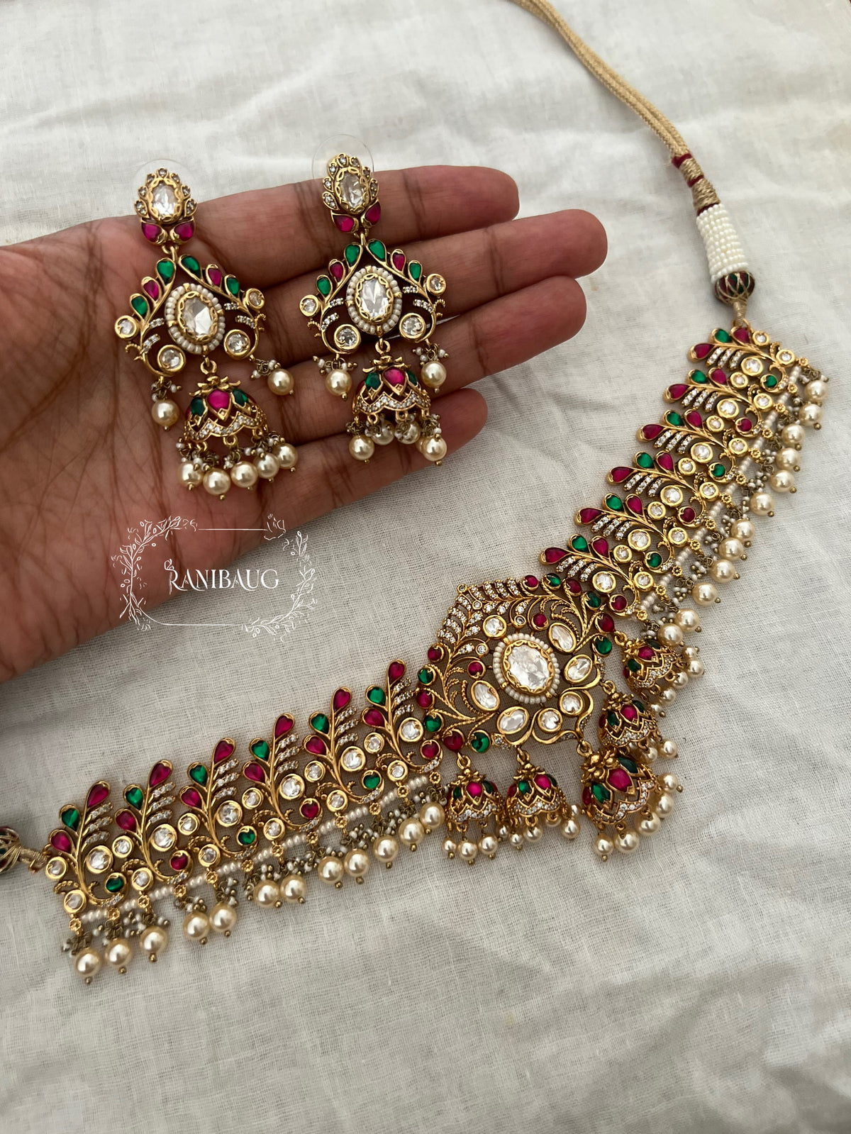 Harshita Kundan Beaded Pearl Adorned Traditional Indian Festive Jewellery By Ranibaug