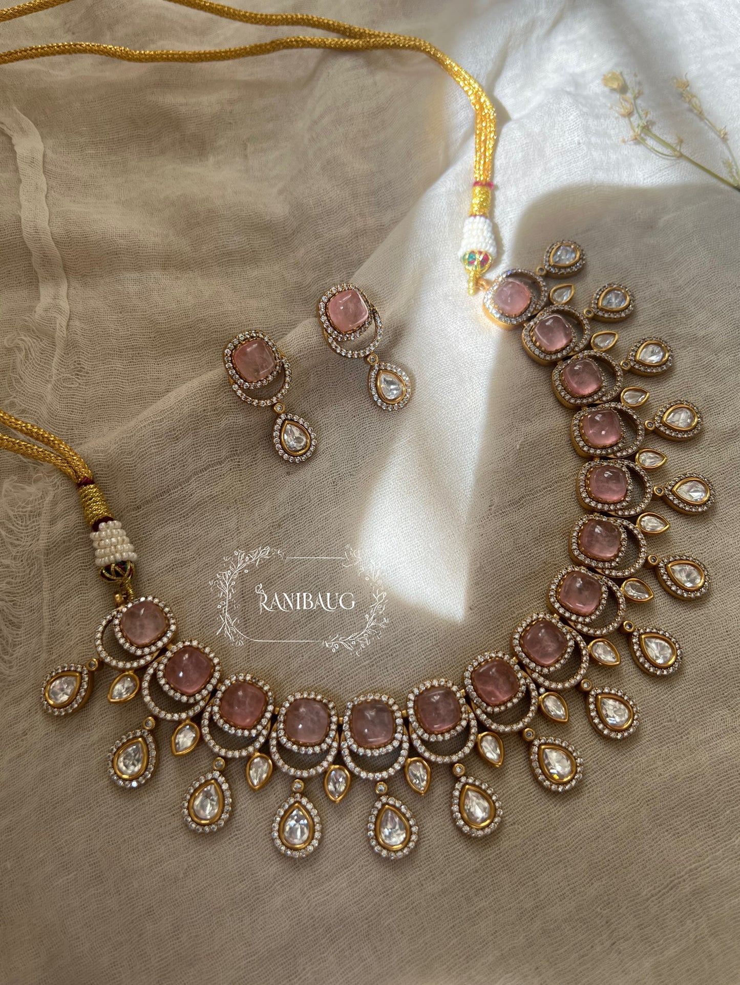 Harshita Statement Royal Court Mossainite And Polki Gemstone Necklace Set In Rich Victorian Gold Finish By Ranibaug | Wedding Jewelry