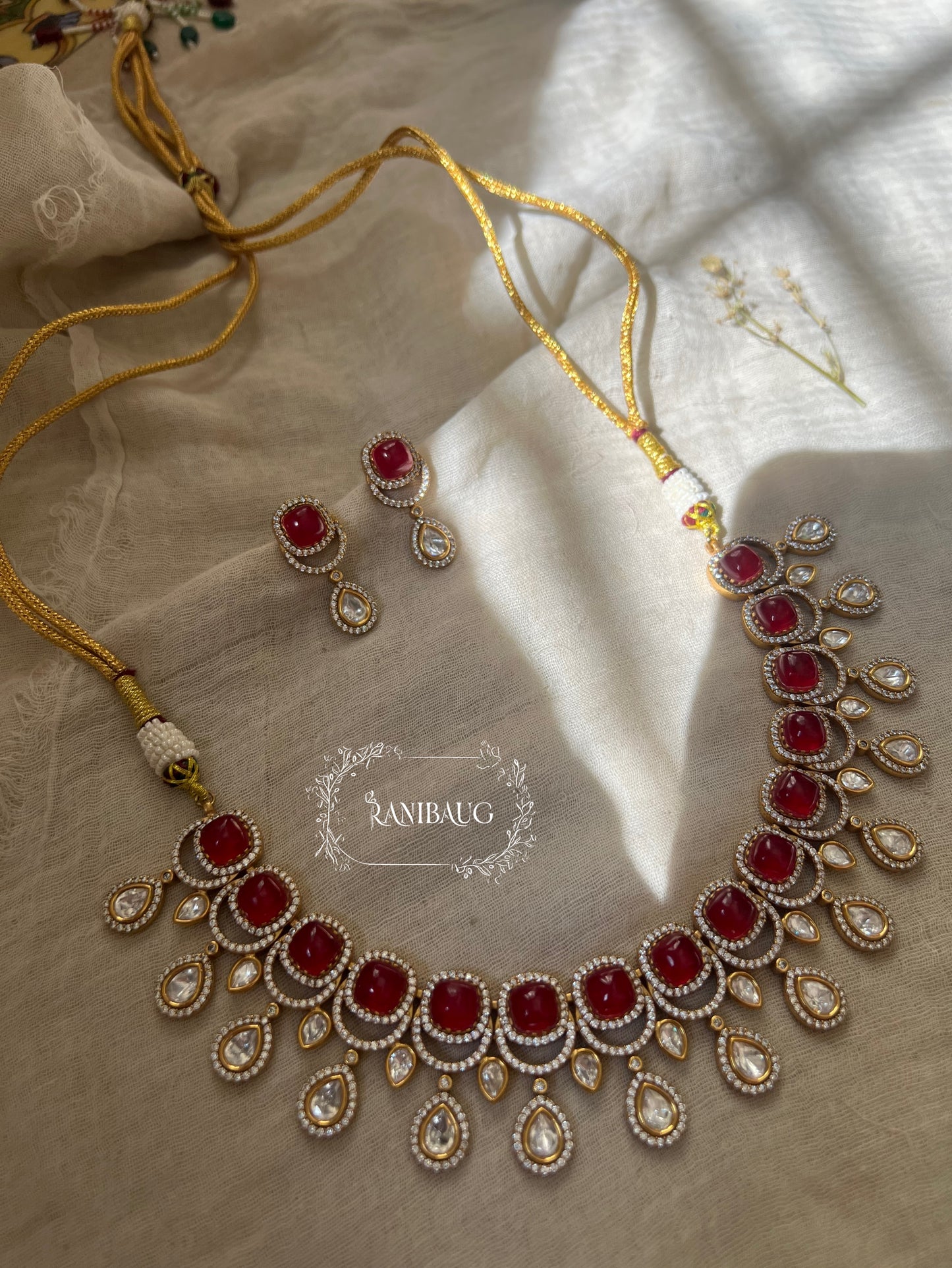 Harshita Statement Royal Court Mossainite And Polki Gemstone Necklace Set In Rich Victorian Gold Finish By Ranibaug | Wedding Jewelry