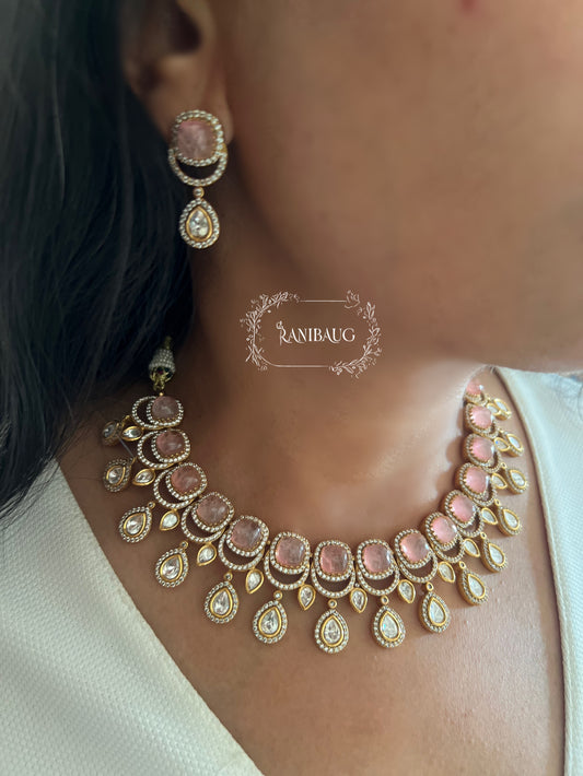 Harshita Statement Royal Court Mossainite And Polki Gemstone Necklace Set In Rich Victorian Gold Finish By Ranibaug | Wedding Jewelry