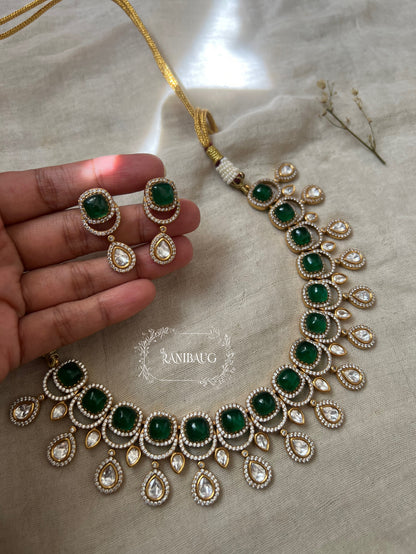 Harshita Statement Royal Court Mossainite And Polki Gemstone Necklace Set In Rich Victorian Gold Finish By Ranibaug | Wedding Jewelry