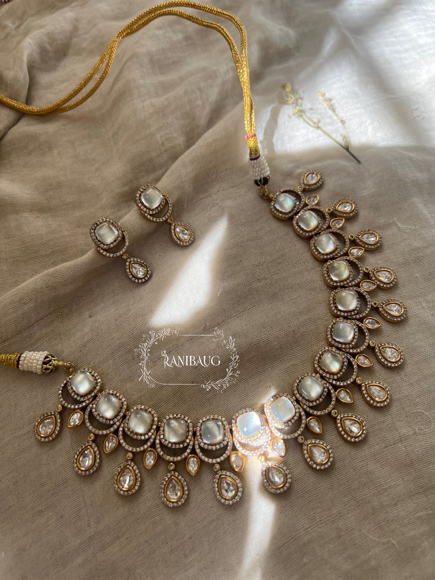 Harshita Statement Royal Court Mossainite And Polki Gemstone Necklace Set In Rich Victorian Gold Finish By Ranibaug | Wedding Jewelry