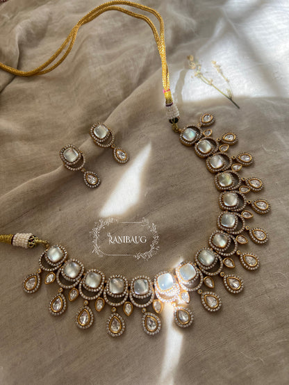 Harshita Statement Royal Court Mossainite And Polki Gemstone Necklace Set In Rich Victorian Gold Finish By Ranibaug | Wedding Jewelry
