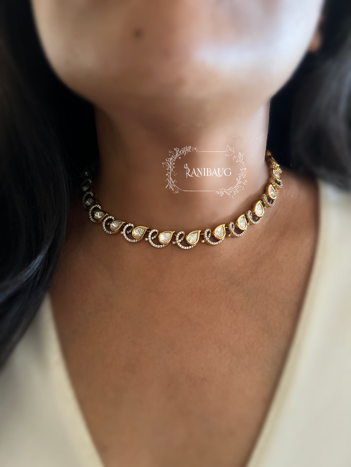 Harshvi Teardrop Polki Gold Finish Simple Necklace Set By Ranibaug
