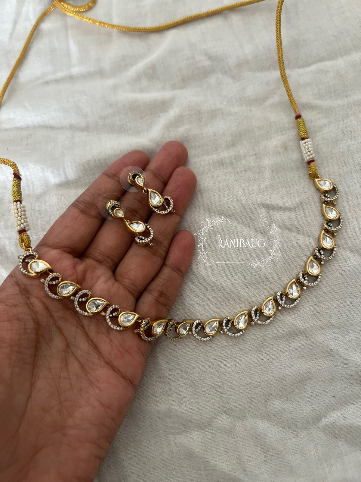 Harshvi Teardrop Polki Gold Finish Simple Necklace Set By Ranibaug