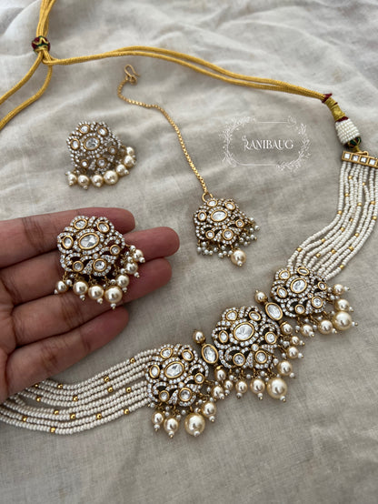 Hema Pearl Polki Zirconnia Pearl Adorned Beaded Multi Strand Royal Choker Necklace Set With Maang Tikka By Ranibaug