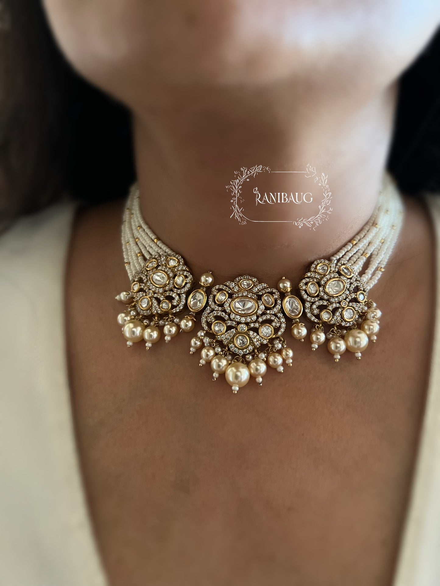 Hema Pearl Polki Zirconnia Pearl Adorned Beaded Multi Strand Royal Choker Necklace Set With Maang Tikka By Ranibaug