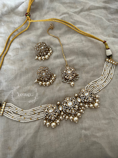 Hema Pearl Polki Zirconnia Pearl Adorned Beaded Multi Strand Royal Choker Necklace Set With Maang Tikka By Ranibaug
