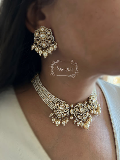 Hema Pearl Polki Zirconnia Pearl Adorned Beaded Multi Strand Royal Choker Necklace Set With Maang Tikka By Ranibaug
