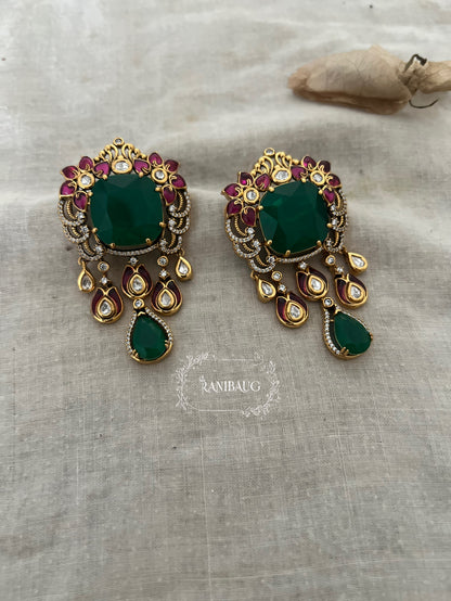 Himakshi Royal Green Stone Long Bridal Earrings