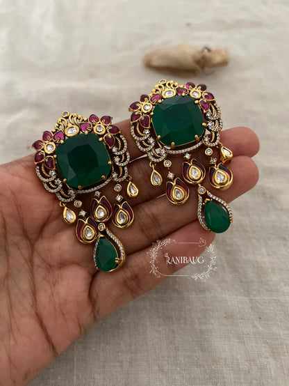 Himakshi Royal Green Stone Long Bridal Earrings