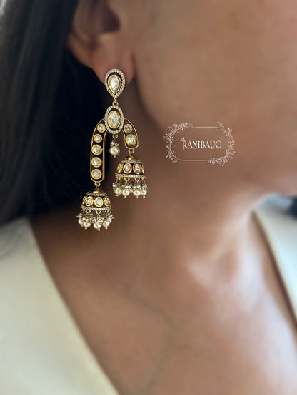 Hridya Designer Gold Plated Polki Kundan Unique Jhumki Earrings By Ranibaug