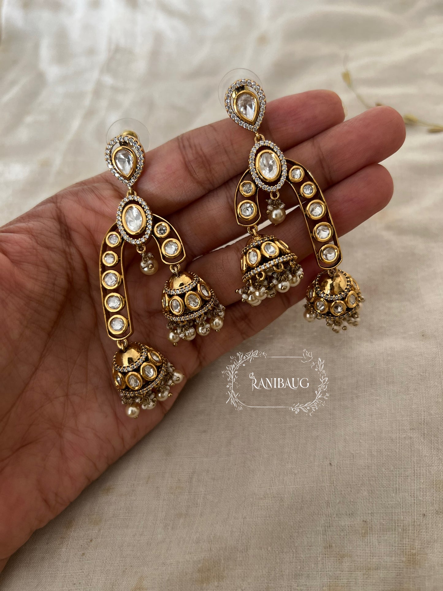 Hridya Designer Gold Plated Polki Kundan Unique Jhumki Earrings By Ranibaug