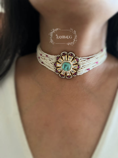 Hridya Floral Motif Pearl Strand Kundan Polki Classic Choker Set By Ranibaug