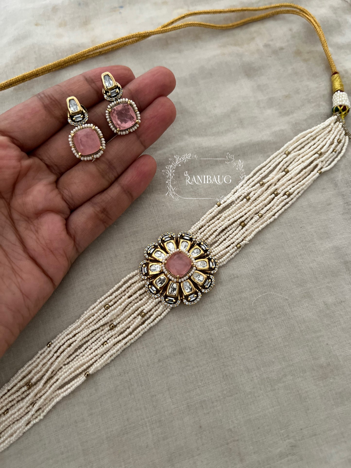Hridya Floral Motif Pearl Strand Kundan Polki Classic Choker Set By Ranibaug