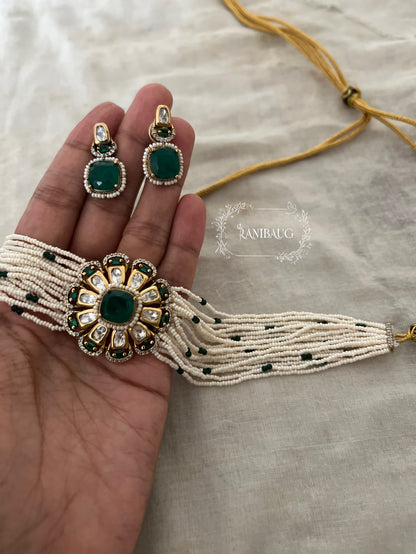 Hridya Floral Motif Pearl Strand Kundan Polki Classic Choker Set By Ranibaug