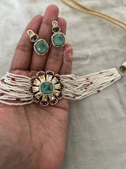 Hridya Floral Motif Pearl Strand Kundan Polki Classic Choker Set By Ranibaug