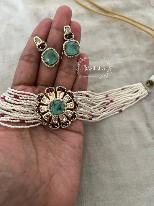Hridya Floral Motif Pearl Strand Kundan Polki Classic Choker Set By Ranibaug