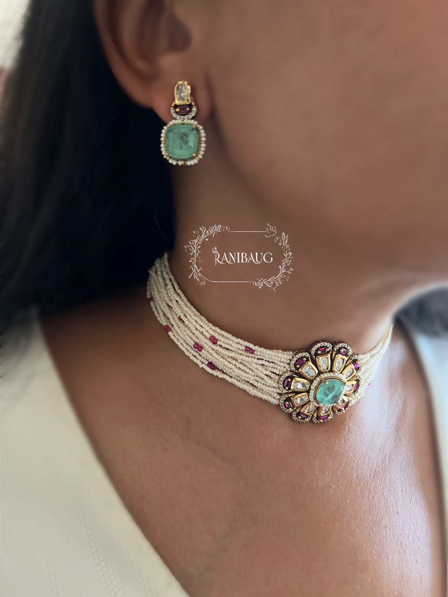 Hridya Floral Motif Pearl Strand Kundan Polki Classic Choker Set By Ranibaug