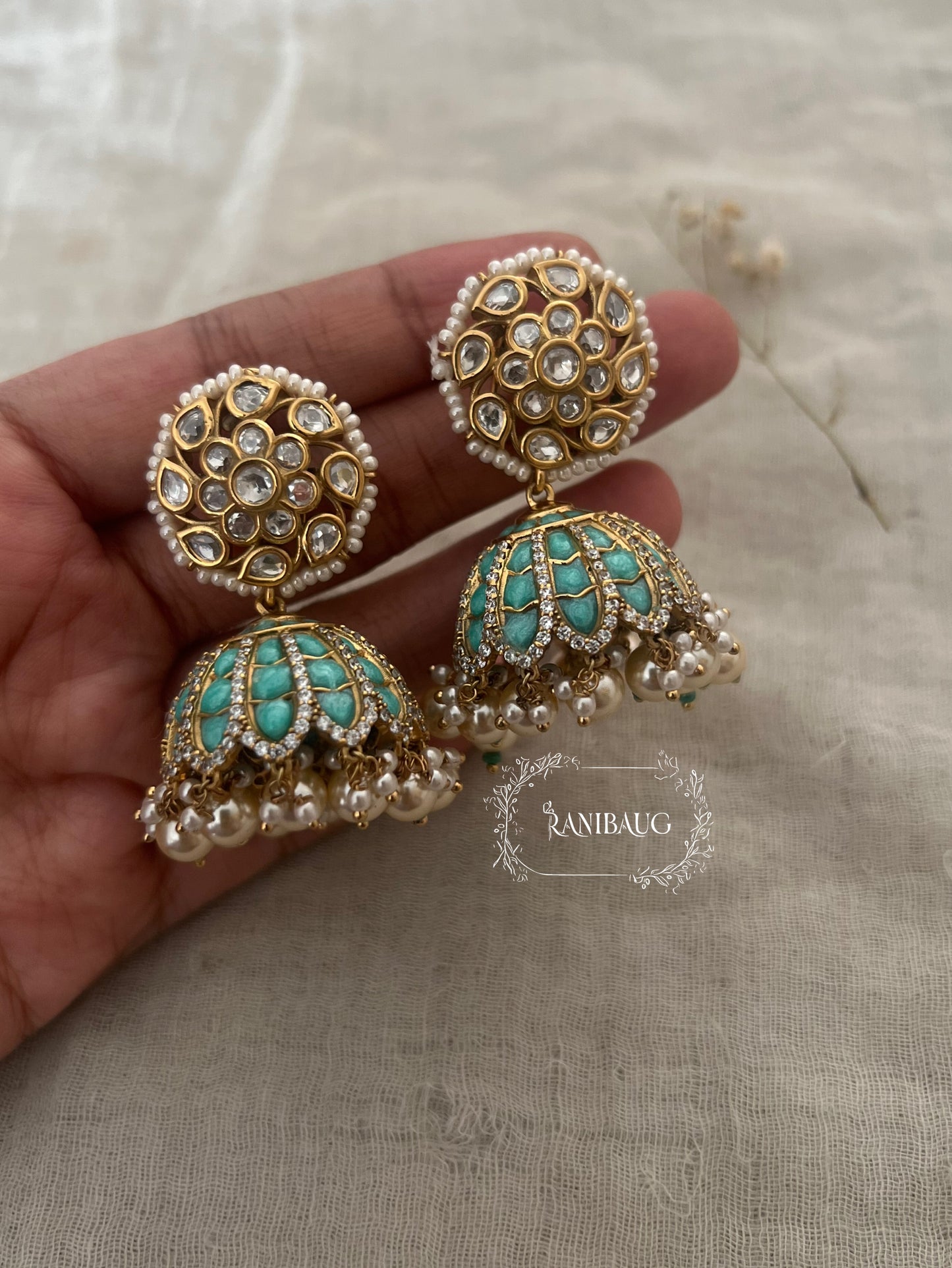 Hridya Traditional Kundan & Pearl Jhumkas by Ranibaug