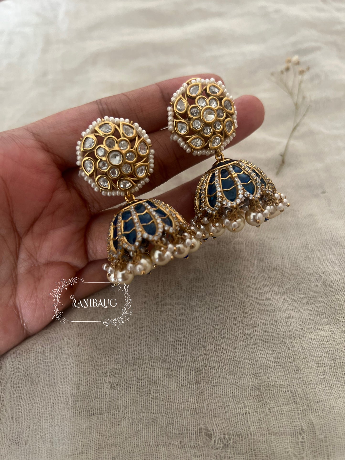 Hridya Traditional Kundan & Pearl Jhumkas by Ranibaug