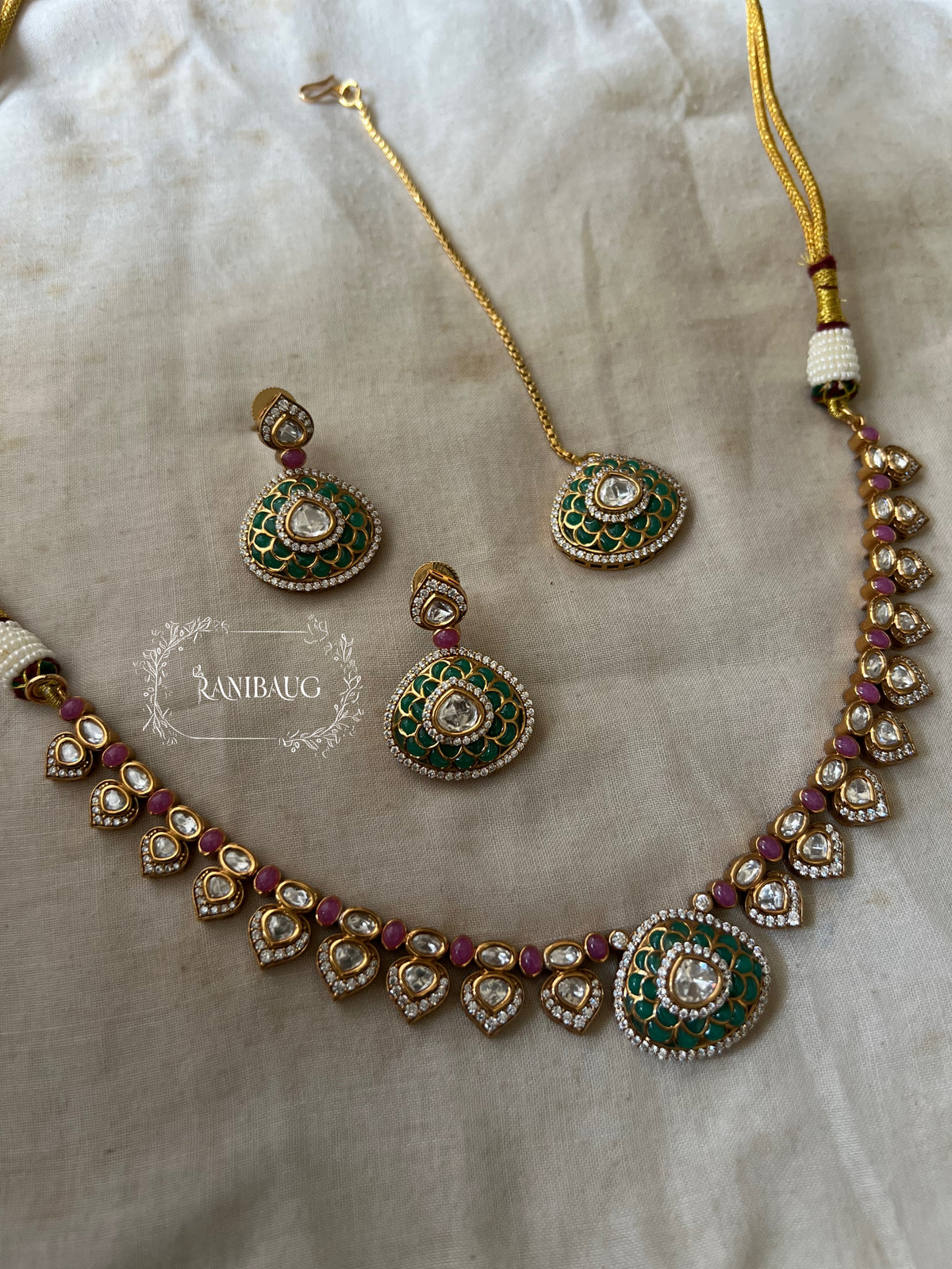 Rhea Heritage Inspired Enamel Polki Gold Finish Necklace Jewellery Set By Ranibaug