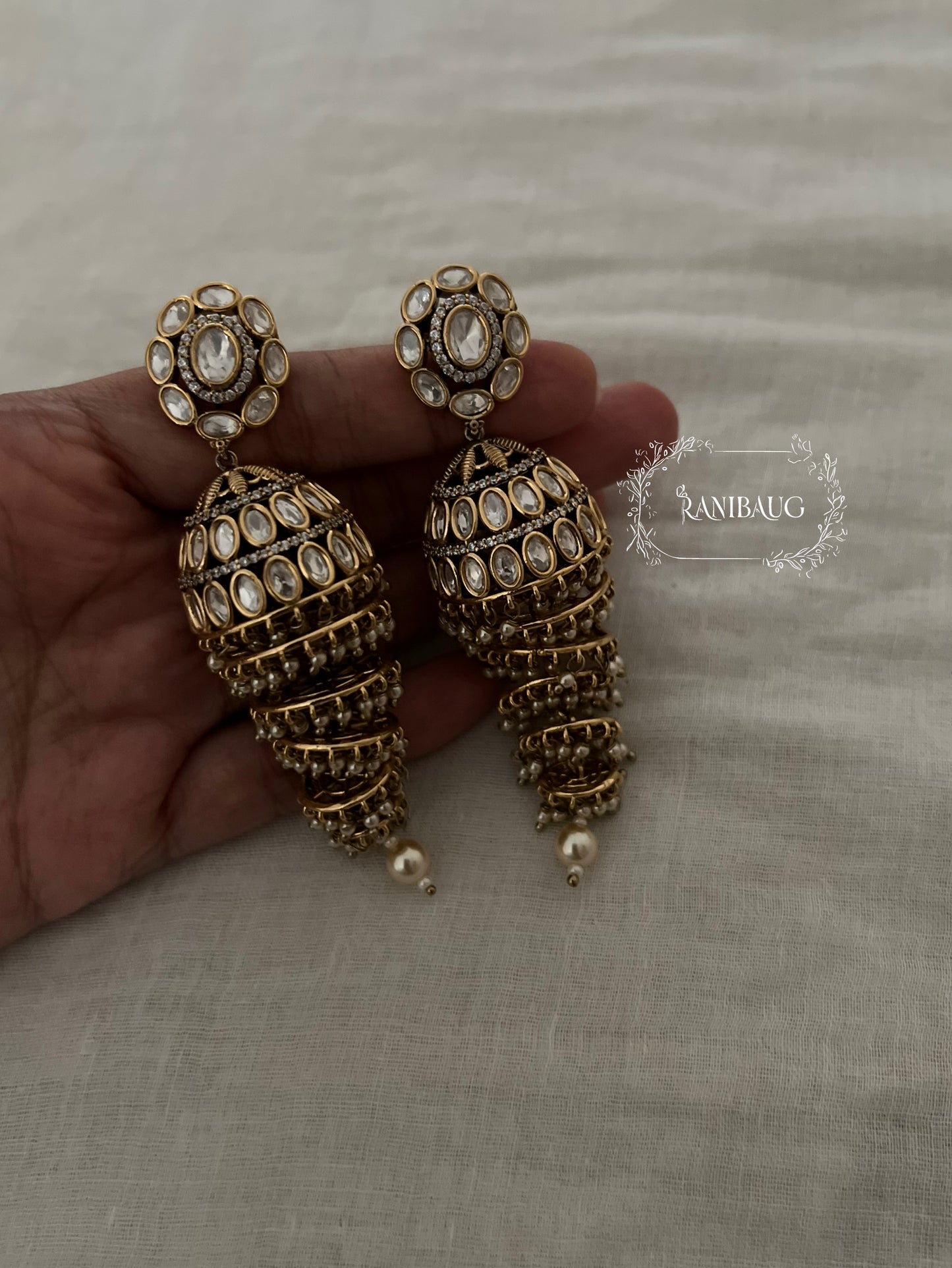 Mayurangi Vintage Kundan Polkis Jhumka with Cascading Pearl Fringe
 By Ranibaug