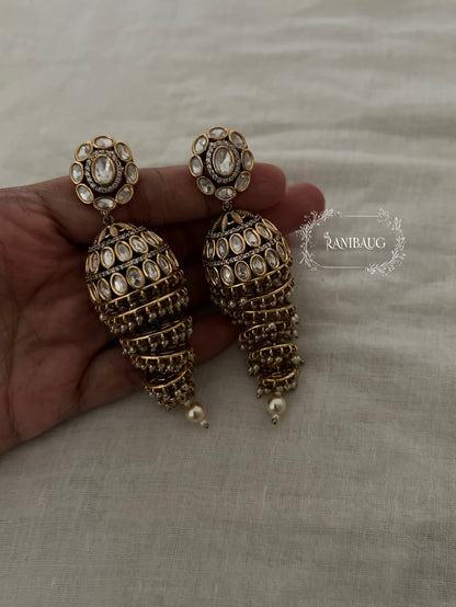 Mayurangi Vintage Kundan Polkis Jhumka with Cascading Pearl Fringe
 By Ranibaug