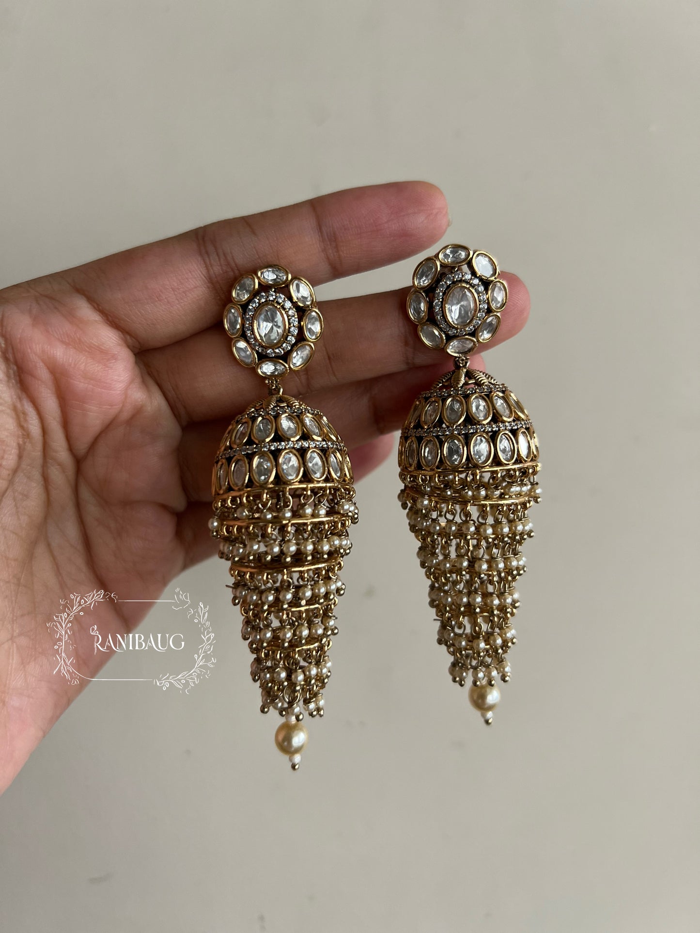 Mayurangi Vintage Kundan Polkis Jhumka with Cascading Pearl Fringe
 By Ranibaug