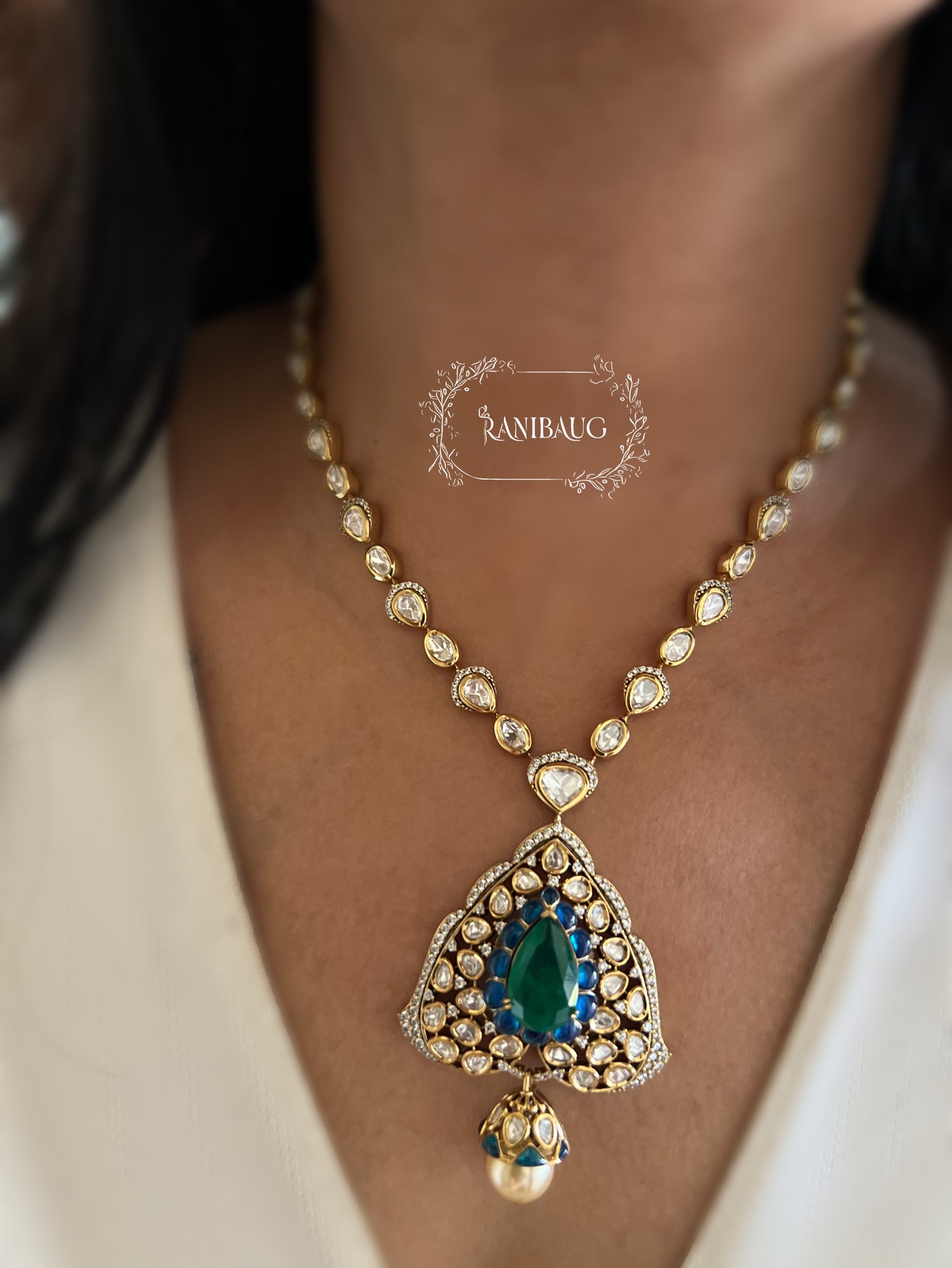 Niti Signature Mossainite Polki Studded Necklace Jewelry Set With Classic Ear Studs By Ranibaug