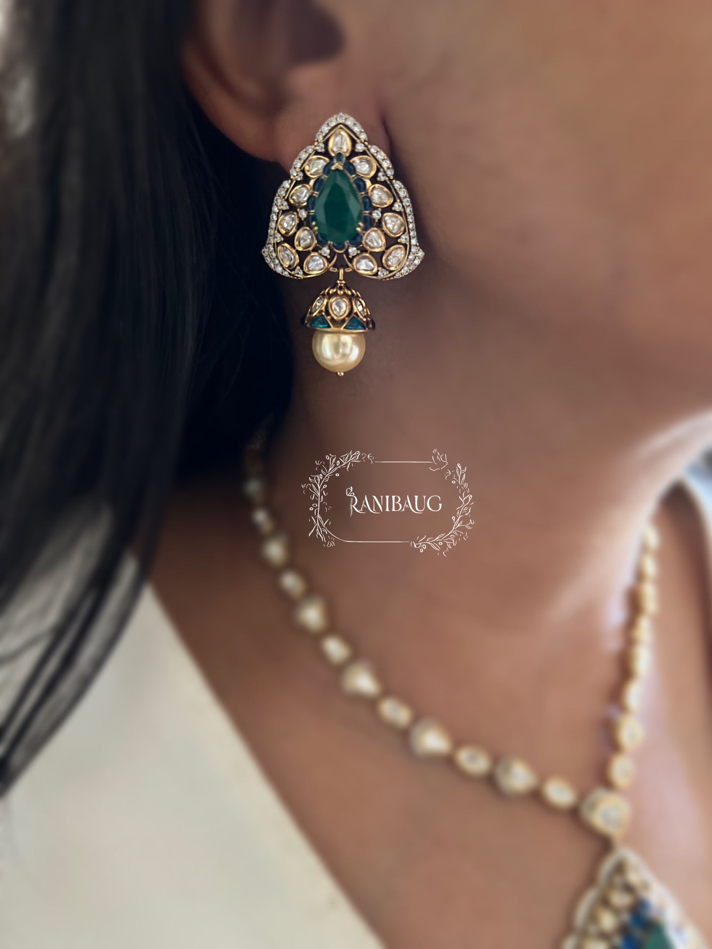 Niti Signature Mossainite Polki Studded Necklace Jewelry Set With Classic Ear Studs By Ranibaug