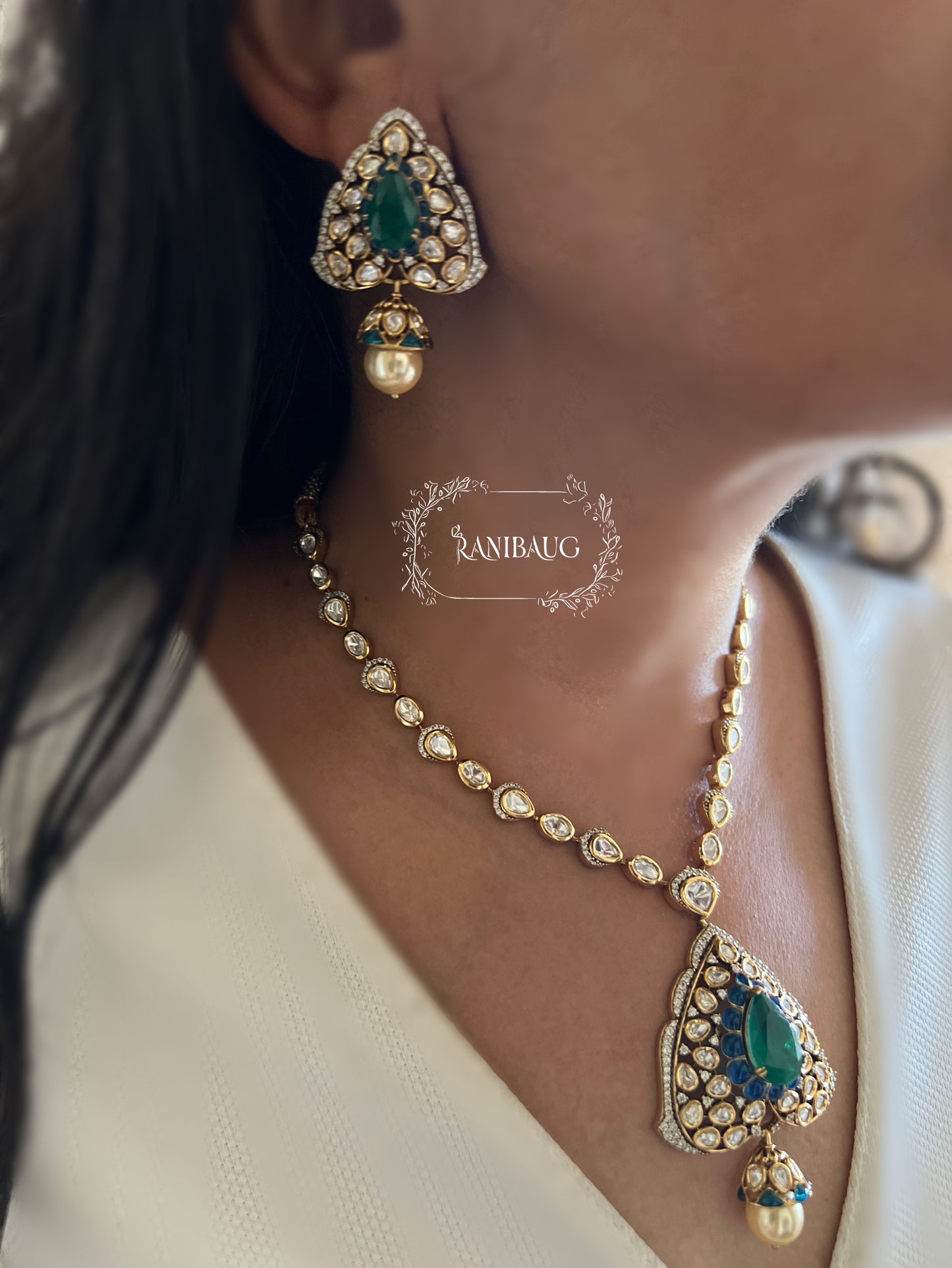 Niti Signature Mossainite Polki Studded Necklace Jewelry Set With Classic Ear Studs By Ranibaug