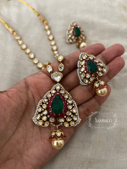 Niti Signature Mossainite Polki Studded Necklace Jewelry Set With Classic Ear Studs By Ranibaug