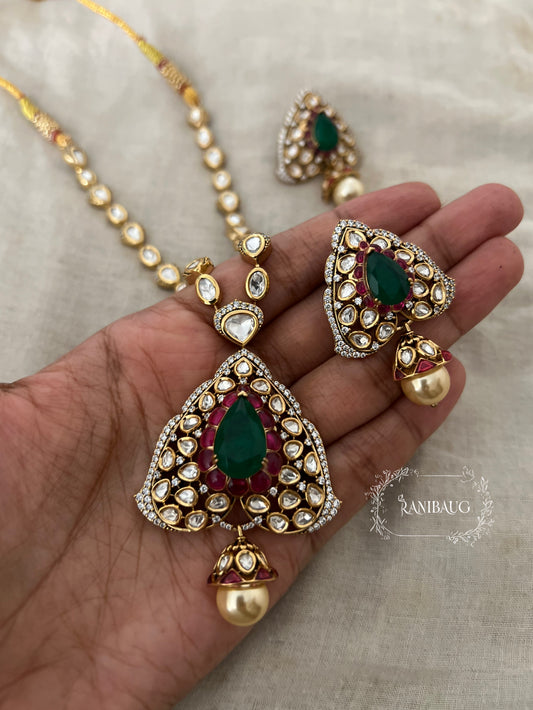 Niti Signature Mossainite Polki Studded Necklace Jewelry Set With Classic Ear Studs By Ranibaug