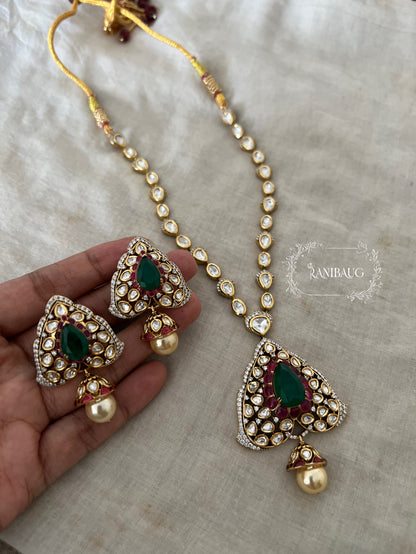Niti Signature Mossainite Polki Studded Necklace Jewelry Set With Classic Ear Studs By Ranibaug